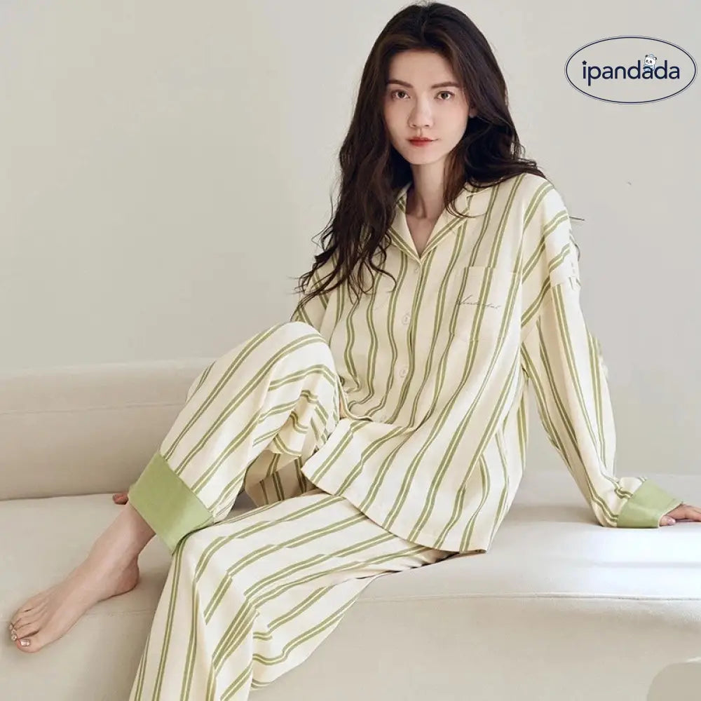 ストライプ グリーン パジャマ レディース 長袖 カーディガンタイプ おしゃれ 上品 リラックス 秋冬 春 あったか ルームウェア セット プレゼント ID4400 レディース＞セットアップ