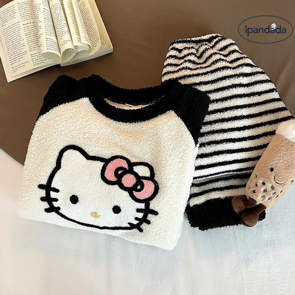 ストライプ キティ猫 フリース パジャマ レディース 秋冬用 可愛い 暖かい あったか 長袖 部屋着 フリース 厚手 コーラルフリース ルームウェア ID3666 レディース＞セットアップ