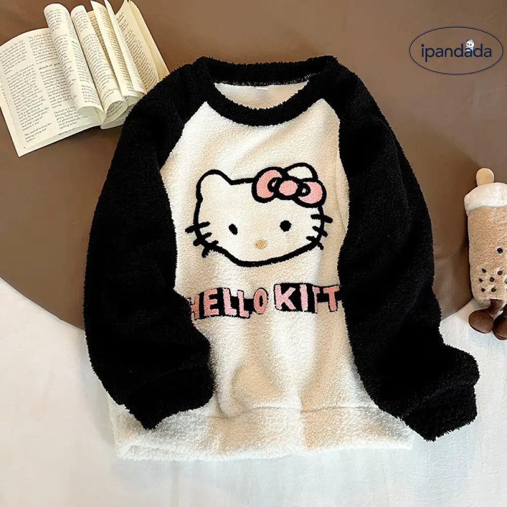 ストライプ キティ猫 フリース パジャマ レディース 秋冬用 可愛い 暖かい あったか 長袖 部屋着 フリース 厚手 コーラルフリース ルームウェア ID3666 レディース＞セットアップ