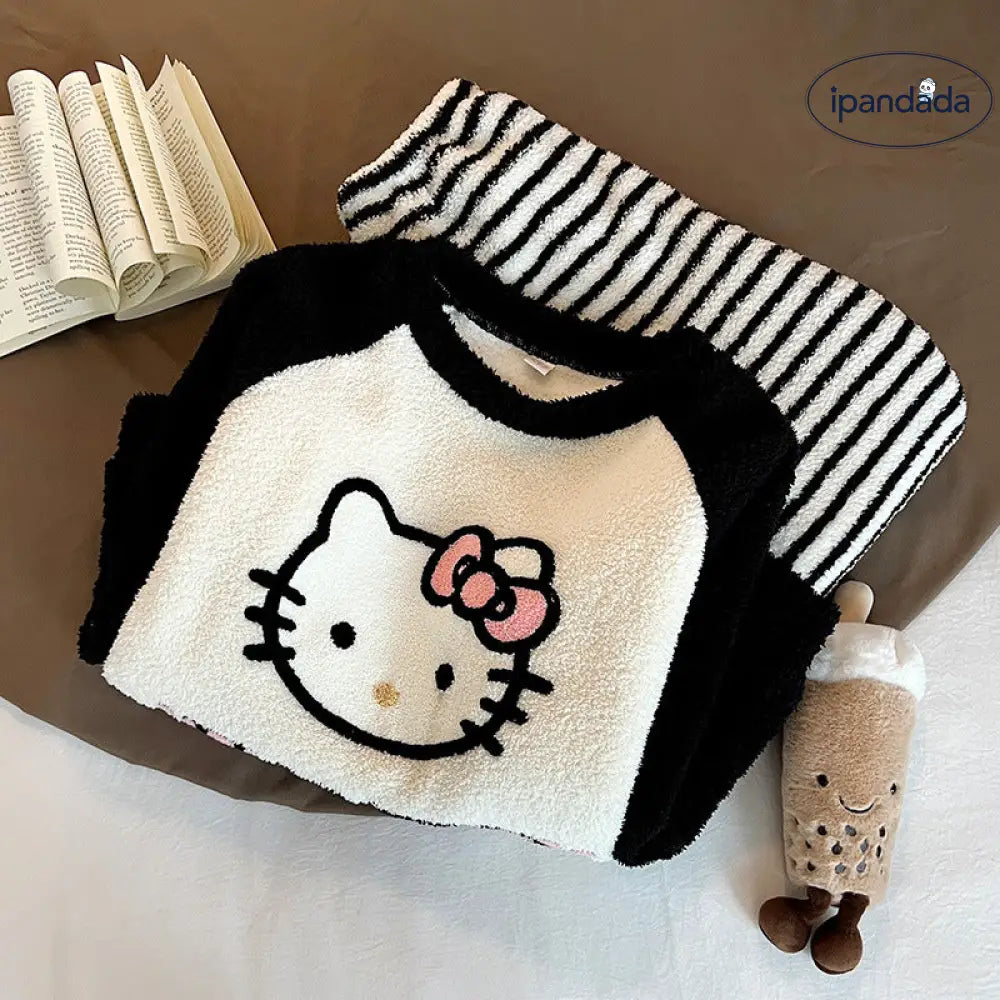 ストライプ キティ猫 フリース パジャマ レディース 秋冬用 可愛い 暖かい あったか 長袖 部屋着 フリース 厚手 コーラルフリース ルームウェア ID3666 レディース＞セットアップ