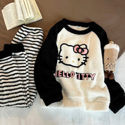 ストライプ キティ猫 フリース パジャマ レディース 秋冬用 可愛い 暖かい あったか 長袖 部屋着 フリース 厚手 コーラルフリース ルームウェア ID3666 写真通り / M レディース＞セットアップ