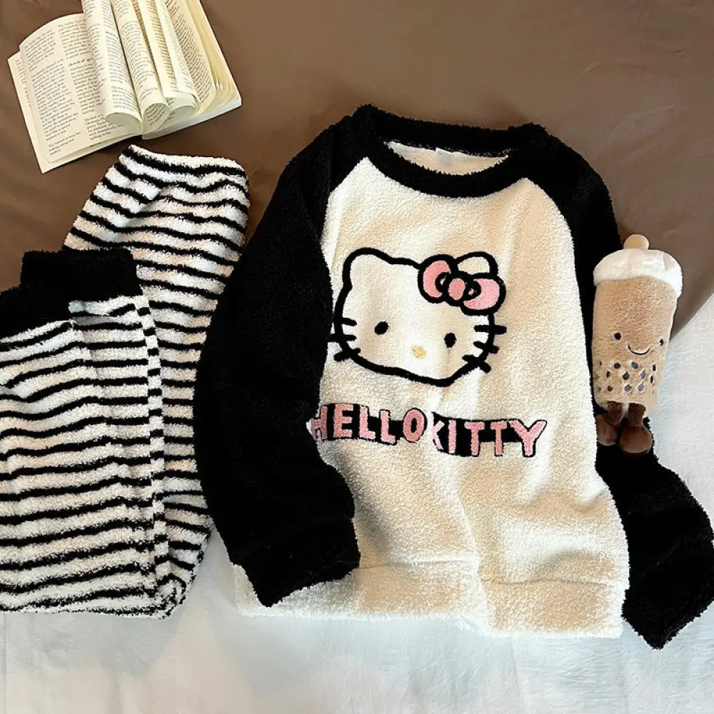 ストライプ キティ猫 フリース パジャマ レディース 秋冬用 可愛い 暖かい あったか 長袖 部屋着 フリース 厚手 コーラルフリース ルームウェア ID3666 写真通り / M レディース＞セットアップ