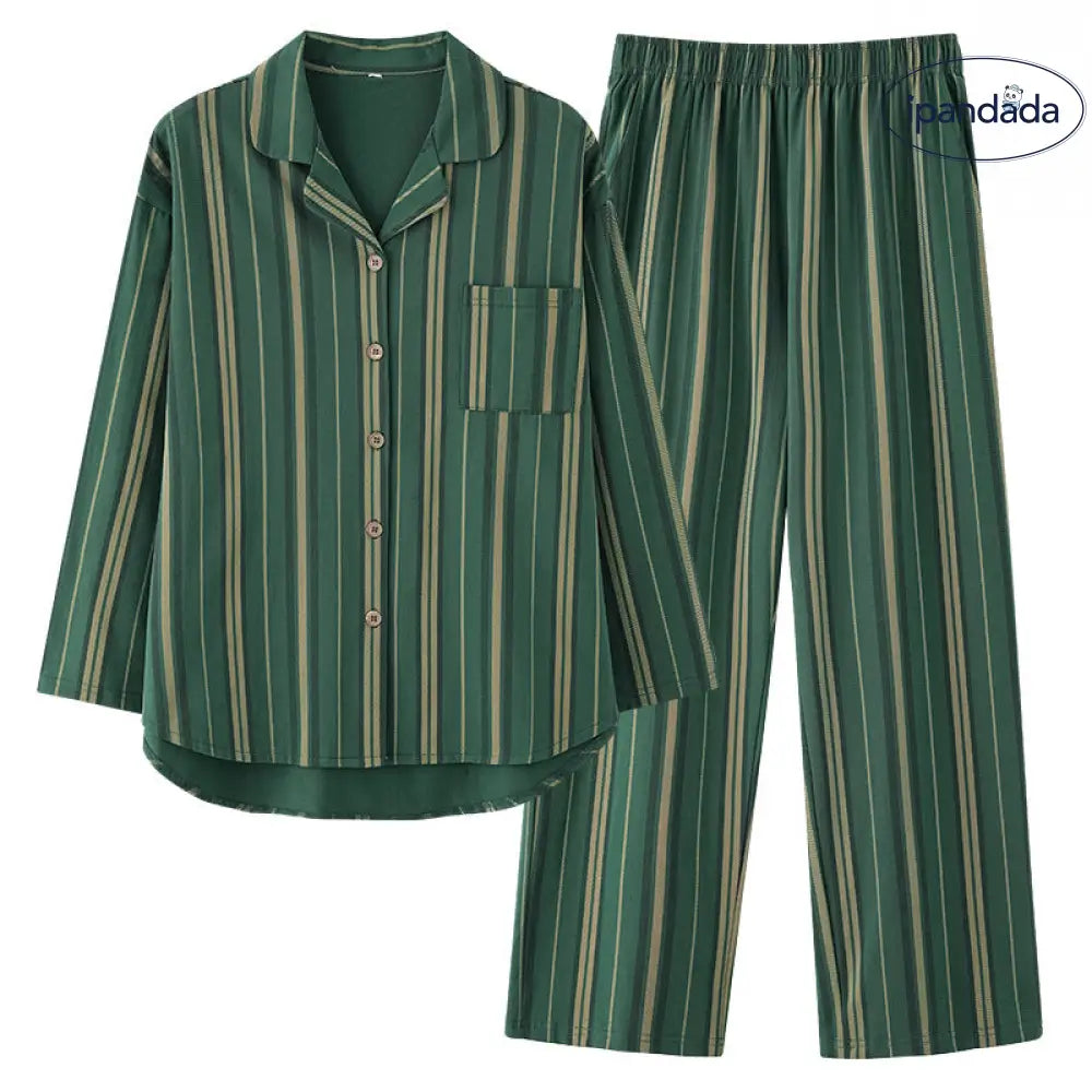 ストライプ 綿 パジャマ セット 春秋 長袖 ルームウェア 部屋着 2点セット 肌触りよい ID4072