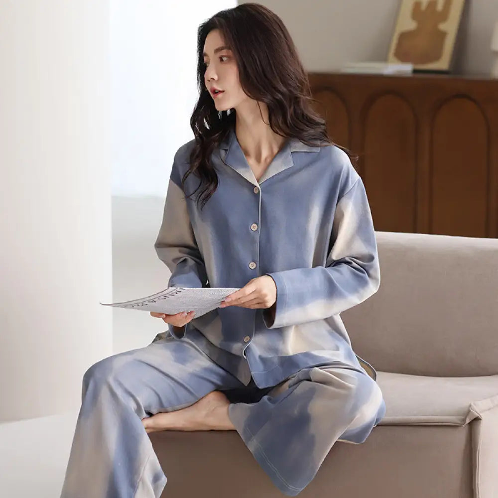 ストライプ 綿 パジャマ セット 春秋 長袖 ルームウェア 部屋着 2点セット 肌触りよい ID4072