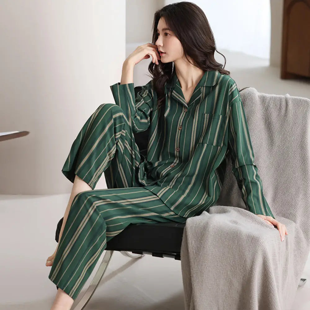 ストライプ 綿 パジャマ セット 春秋 長袖 ルームウェア 部屋着 2点セット 肌触りよい ID4072