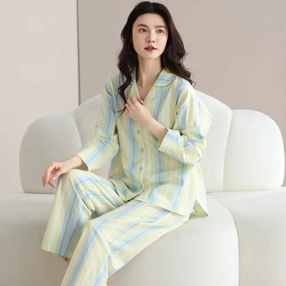 ストライプ 綿 パジャマ セット 春秋 長袖 ルームウェア 部屋着 2点セット 肌触りよい ID4072