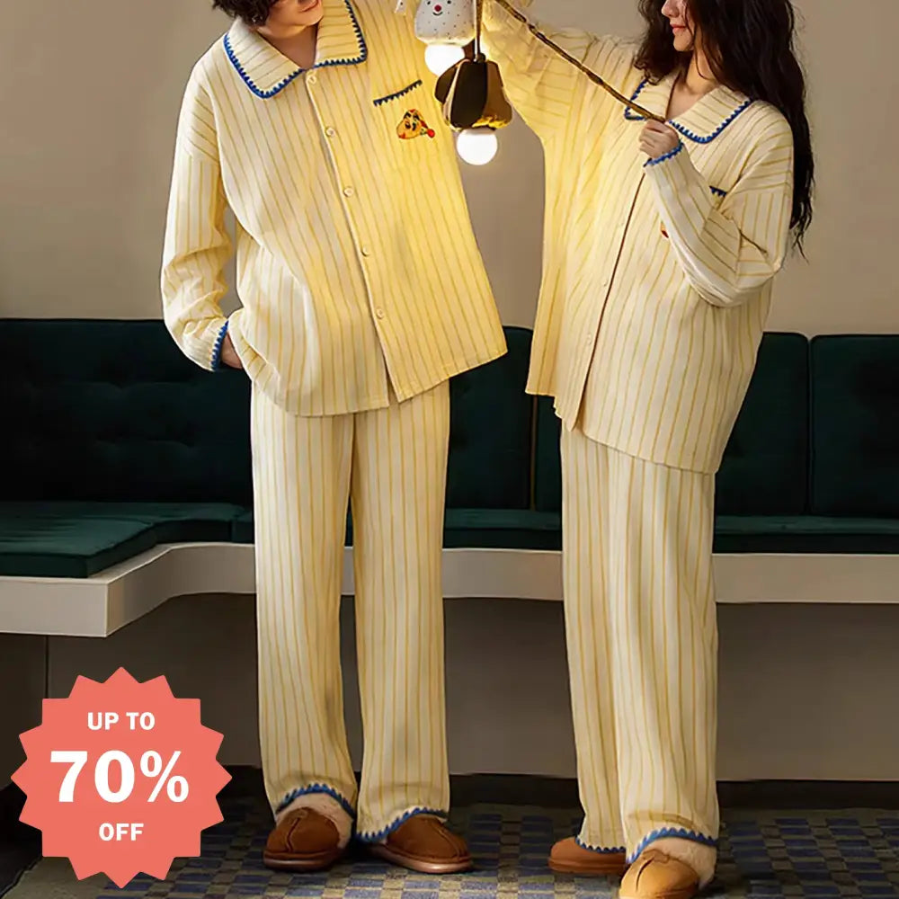 ストライプ 綿 長袖 部屋着 かわいい 可愛い 長ズボン カップル パジャマ 男女兼用 ルームウェア オールコットン セット ID4374 イエロー / レディースＭ コーディネート＞ペアルック