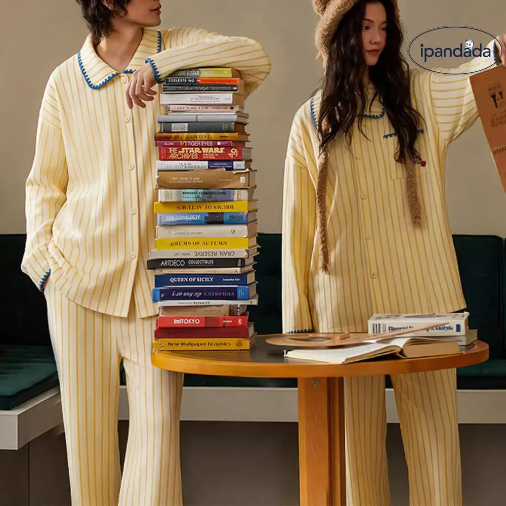 ストライプ 綿 長袖 部屋着 かわいい 可愛い 長ズボン カップル パジャマ 男女兼用 ルームウェア オールコットン セット ID4374 コーディネート＞ペアルック