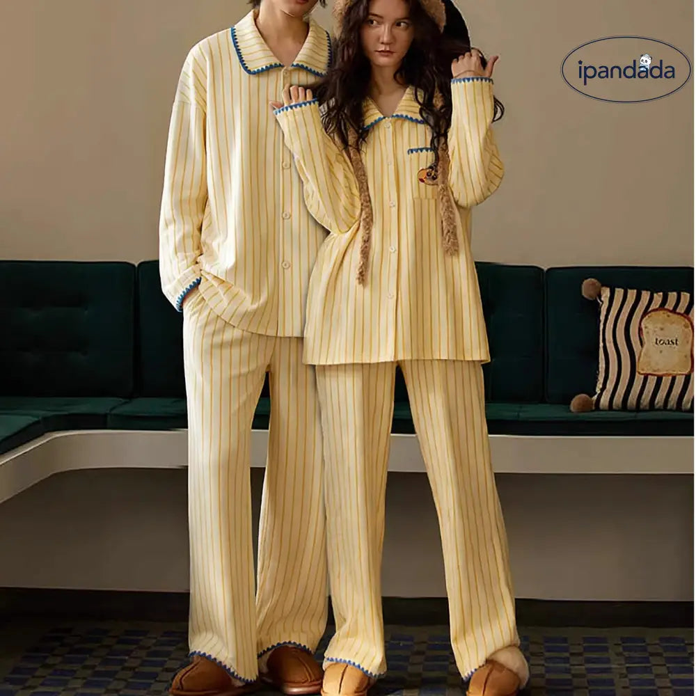 ストライプ 綿 長袖 部屋着 かわいい 可愛い 長ズボン カップル パジャマ 男女兼用 ルームウェア オールコットン セット ID4374 コーディネート＞ペアルック