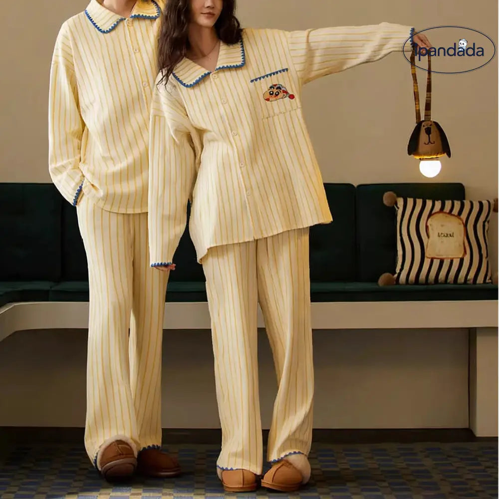 ストライプ 綿 長袖 部屋着 かわいい 可愛い 長ズボン カップル パジャマ 男女兼用 ルームウェア オールコットン セット ID4374 コーディネート＞ペアルック