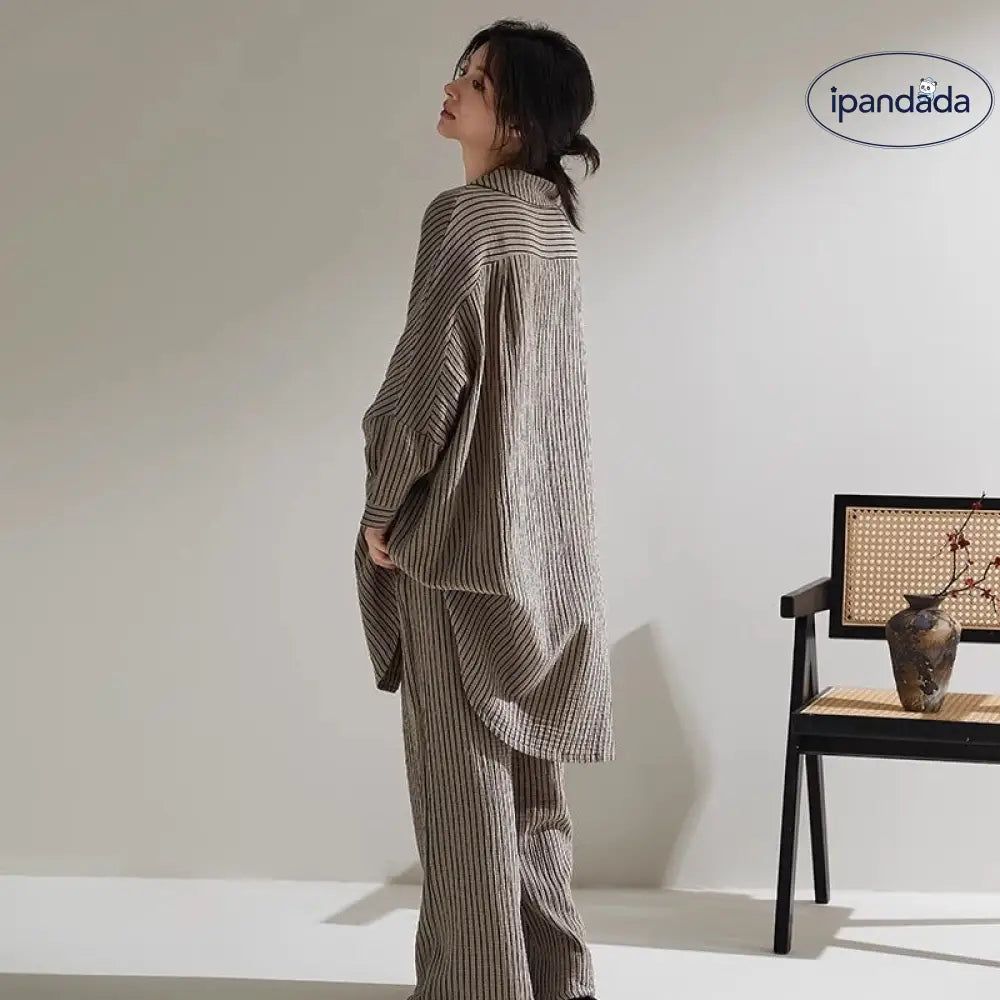 ストライプ パジャマ セット 春夏秋 ワイドパンツ 長袖 ルームウェア 大きいサイズ 女子 部屋着 ID3975