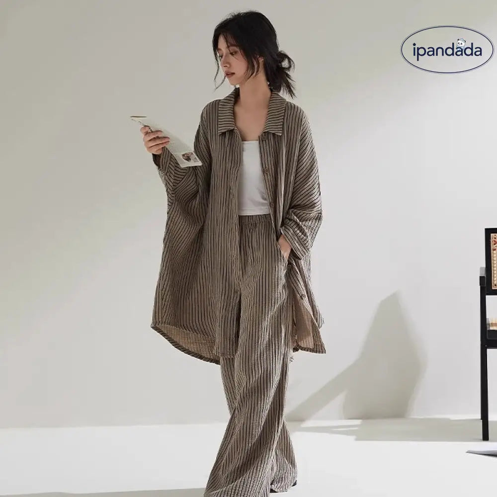 ストライプ パジャマ セット 春夏秋 ワイドパンツ 長袖 ルームウェア 大きいサイズ 女子 部屋着 ID3975