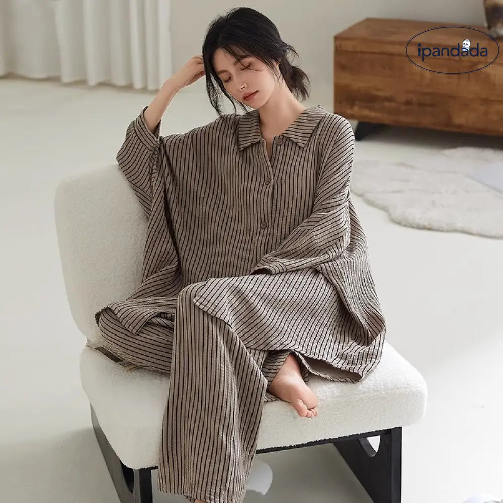 ストライプ パジャマ セット 春夏秋 ワイドパンツ 長袖 ルームウェア 大きいサイズ 女子 部屋着 ID3975