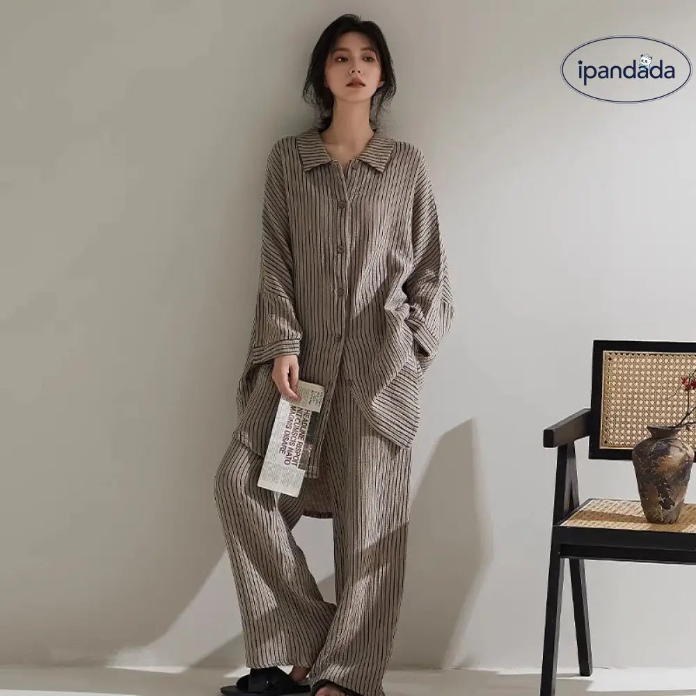 ストライプ パジャマ セット 春夏秋 ワイドパンツ 長袖 ルームウェア 大きいサイズ 女子 部屋着 ID3975
