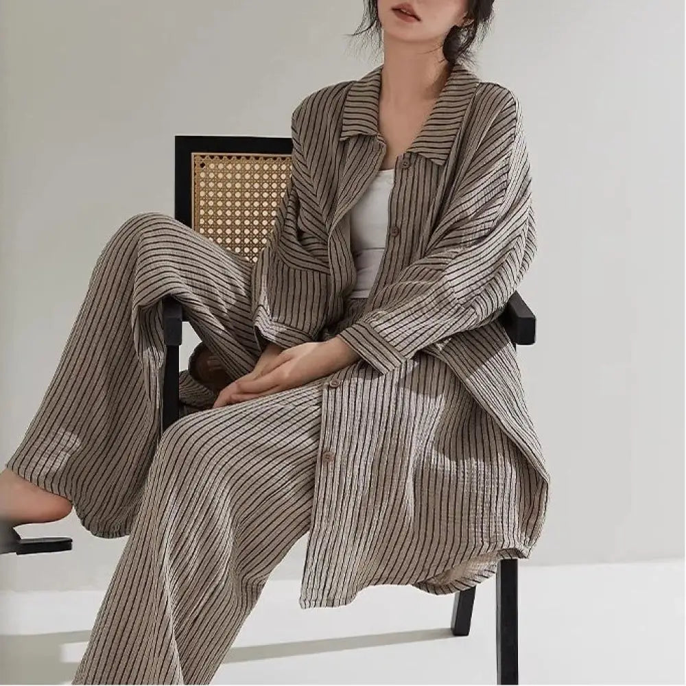 ストライプ パジャマ セット 春夏秋 ワイドパンツ 長袖 ルームウェア 大きいサイズ 女子 部屋着 ID3975 写真通り / M