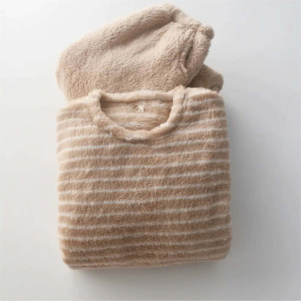 ストライプ 配色 ペア パジャマ 冬 もこもこ 部屋着 男女2着 セット カップル 秋冬 結婚祝い プレゼント ベージュ【ステンレスボウル】 / M カップル＞セットアップ