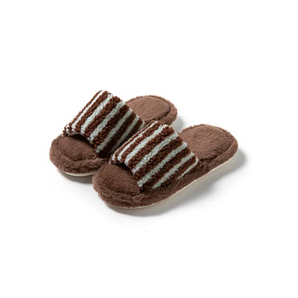 ストライプ ツートン カット コットン スリッパ レディース フワフワ デザイン ルームシューズ モコモコ スリッパ ID3468 ブラウン / 23-23.5cm