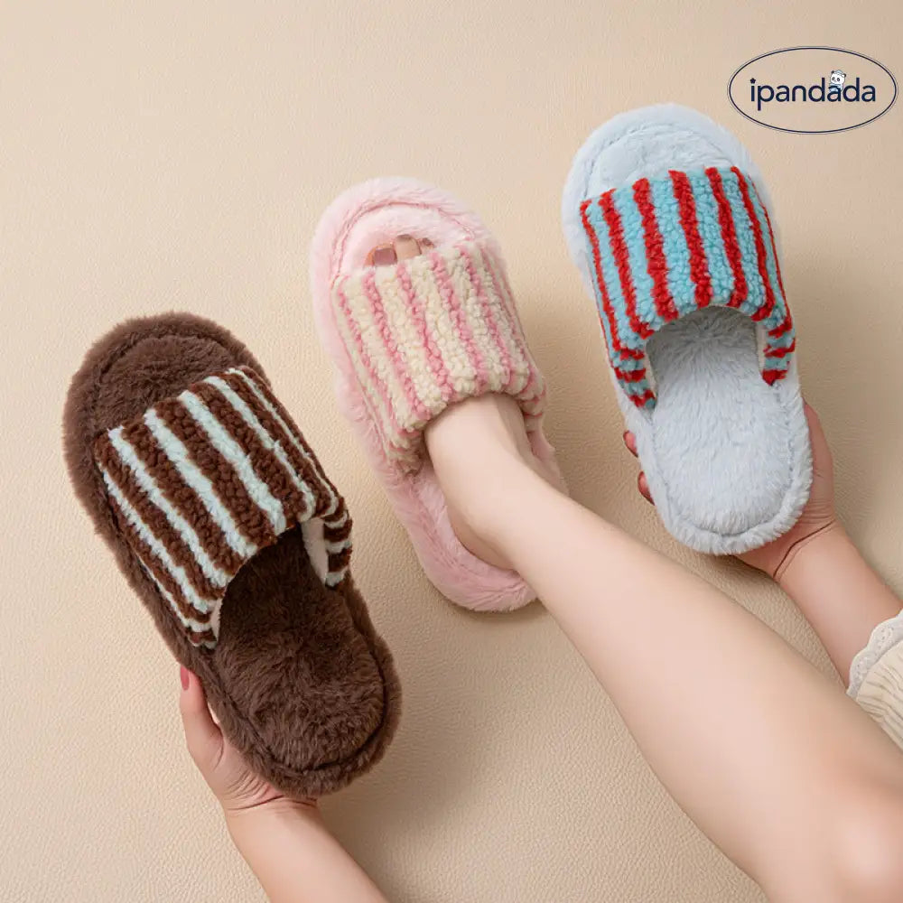 ストライプ ツートン カット コットン スリッパ レディース フワフワ デザイン ルームシューズ モコモコ スリッパ ID3468