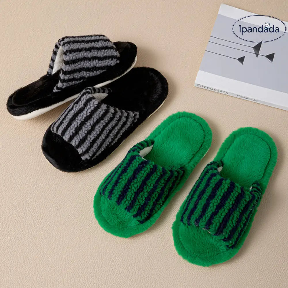 ストライプ ツートン カット コットン スリッパ レディース フワフワ デザイン ルームシューズ モコモコ スリッパ ID3468