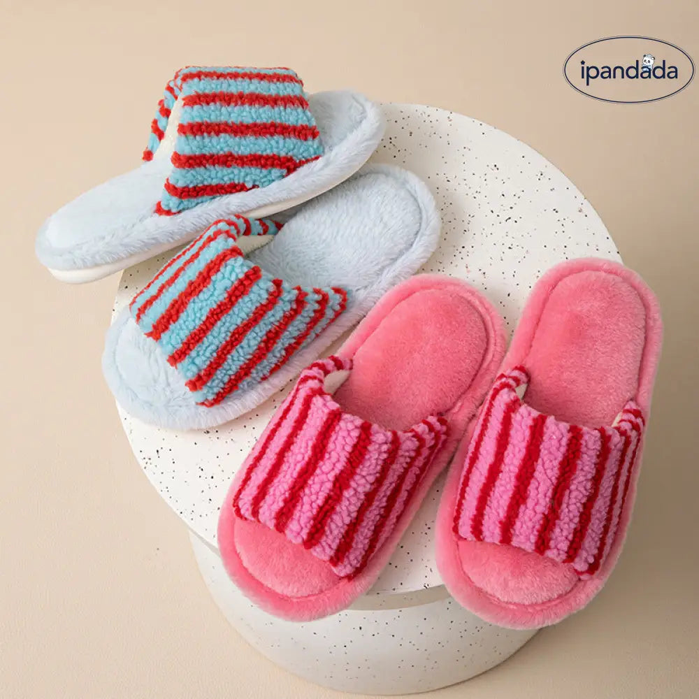 ストライプ ツートン カット コットン スリッパ レディース フワフワ デザイン ルームシューズ モコモコ スリッパ ID3468