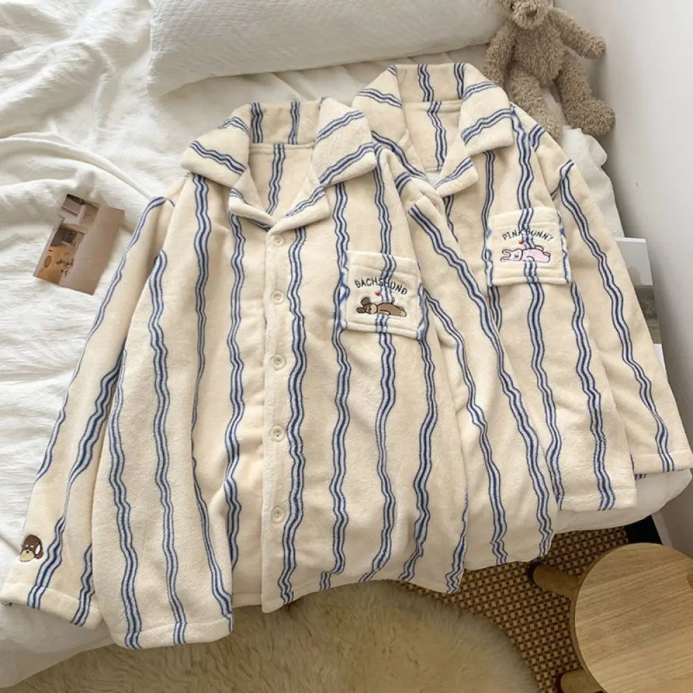 ストライプ ウサギ フリース パジャマ レディース 秋冬用 カートゥーン 韓国風 カップル用 ゆったり ルームウェア セットアップ ID3820