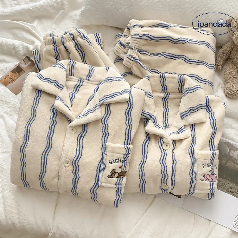 ストライプ ウサギ フリース パジャマ レディース 秋冬用 カートゥーン 韓国風 カップル用 ゆったり ルームウェア セットアップ ID3820