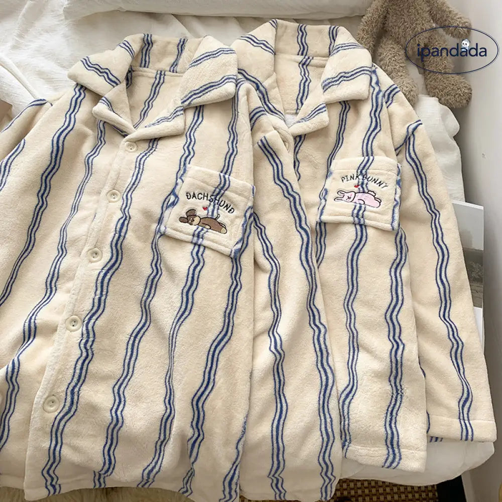 ストライプ ウサギ フリース パジャマ レディース 秋冬用 カートゥーン 韓国風 カップル用 ゆったり ルームウェア セットアップ ID3820