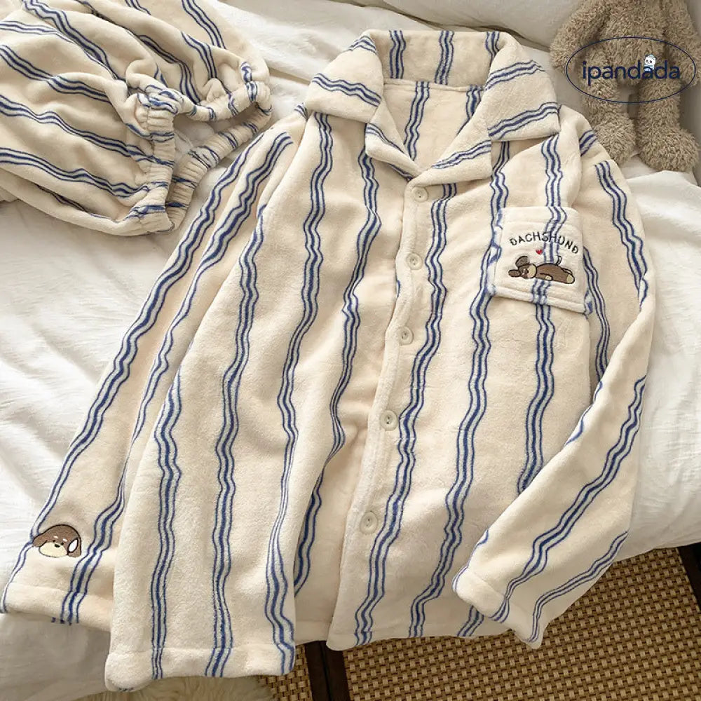 ストライプ ウサギ フリース パジャマ レディース 秋冬用 カートゥーン 韓国風 カップル用 ゆったり ルームウェア セットアップ ID3820