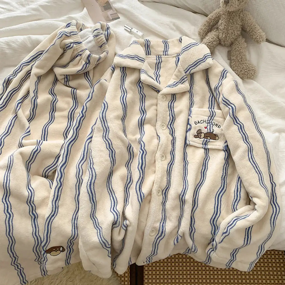 ストライプ ウサギ フリース パジャマ レディース 秋冬用 カートゥーン 韓国風 カップル用 ゆったり ルームウェア セットアップ ID3820 男性用 / M