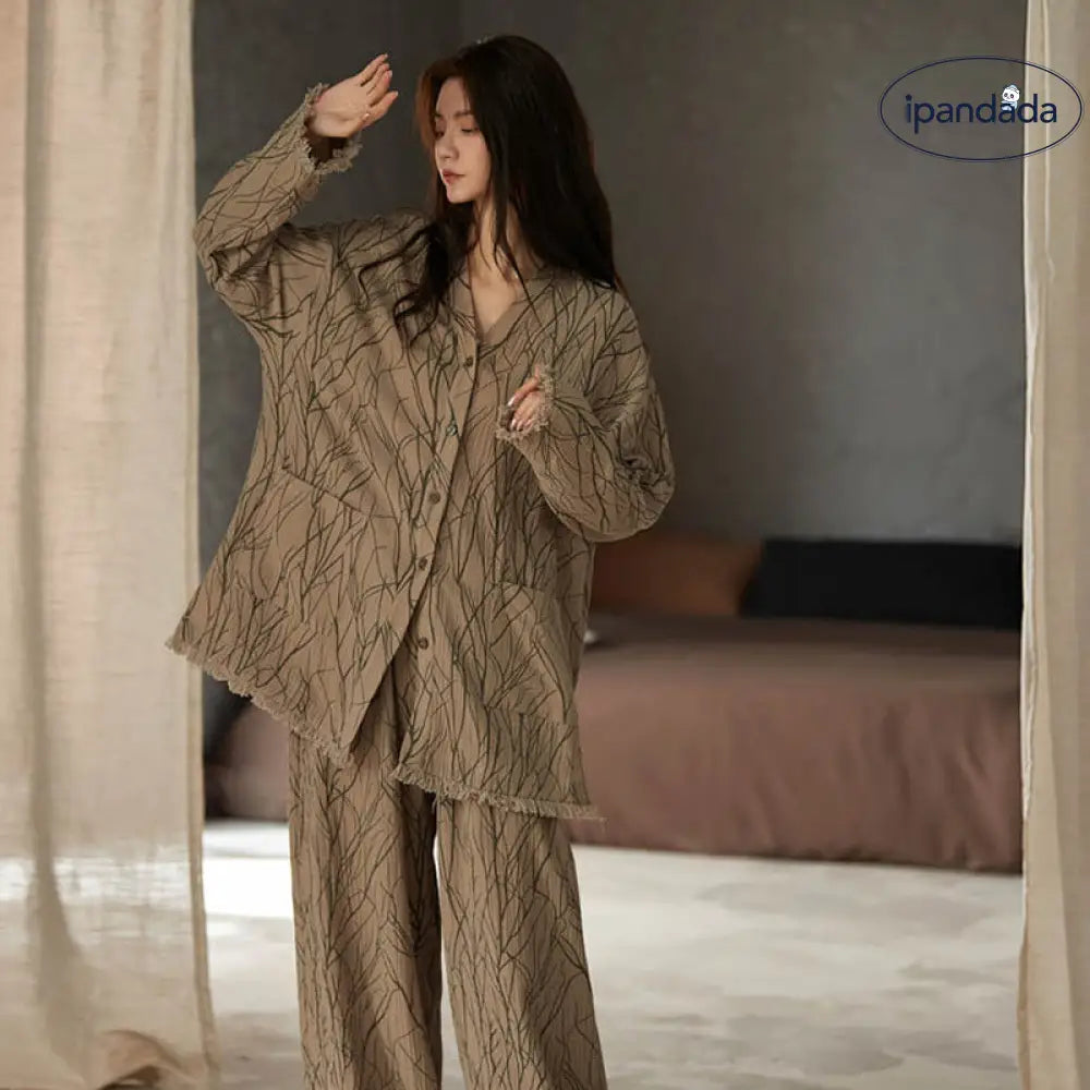 ストライプ Vネック フリンジ パジャマ セット 春秋 長袖 長ズボン ルームウェア 大きいサイズ 部屋着 ID3973