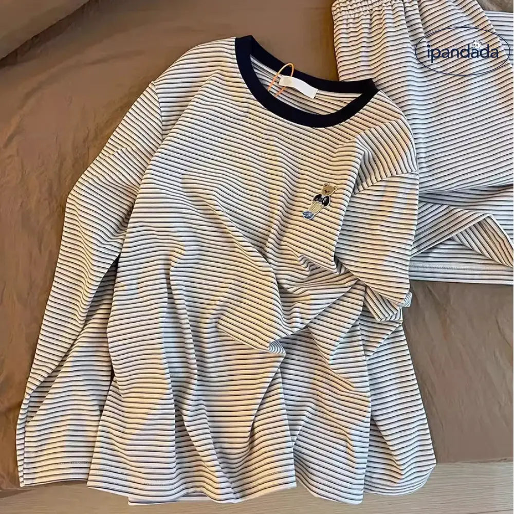 ストライプ 小熊 プリント ゆったり パジャマ 女性 新作 部屋着 女の子 大人 かわいい おしゃれ 長袖 リラックス ルームウェア ID4356 レディース＞セットアップ