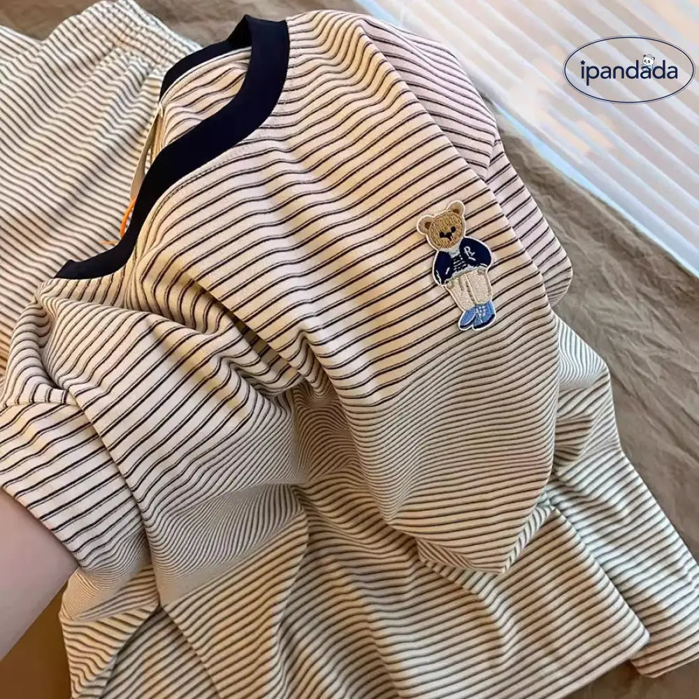 ストライプ 小熊 プリント ゆったり パジャマ 女性 新作 部屋着 女の子 大人 かわいい おしゃれ 長袖 リラックス ルームウェア ID4356 レディース＞セットアップ