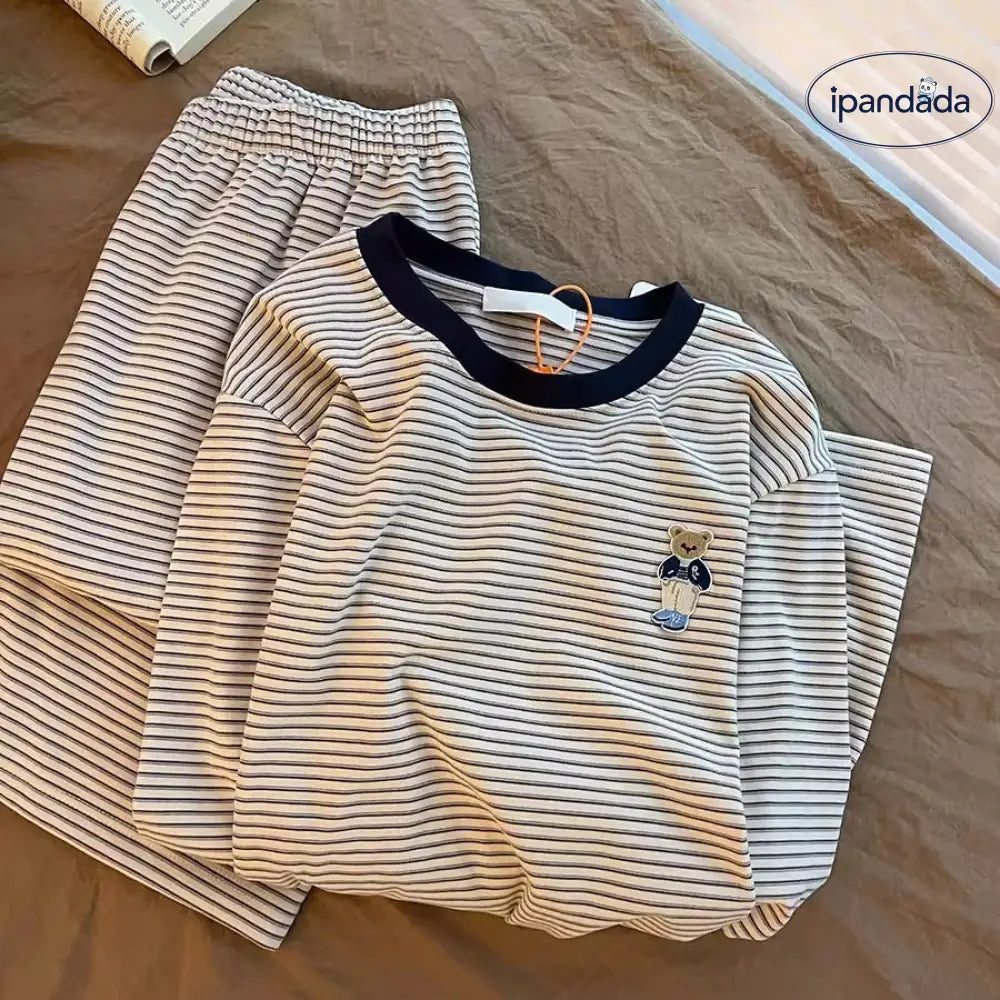 ストライプ 小熊 プリント ゆったり パジャマ 女性 新作 部屋着 女の子 大人 かわいい おしゃれ 長袖 リラックス ルームウェア ID4356 レディース＞セットアップ