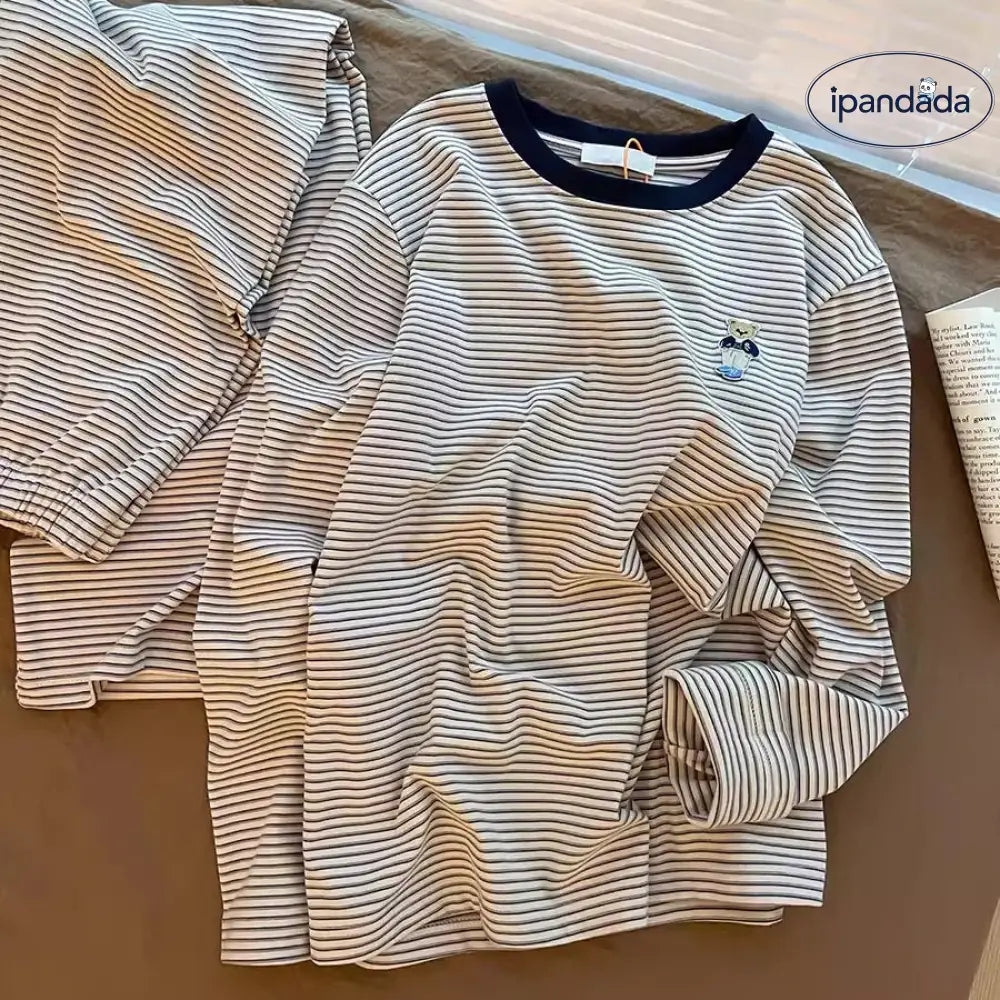 ストライプ 小熊 プリント ゆったり パジャマ 女性 新作 部屋着 女の子 大人 かわいい おしゃれ 長袖 リラックス ルームウェア ID4356 レディース＞セットアップ