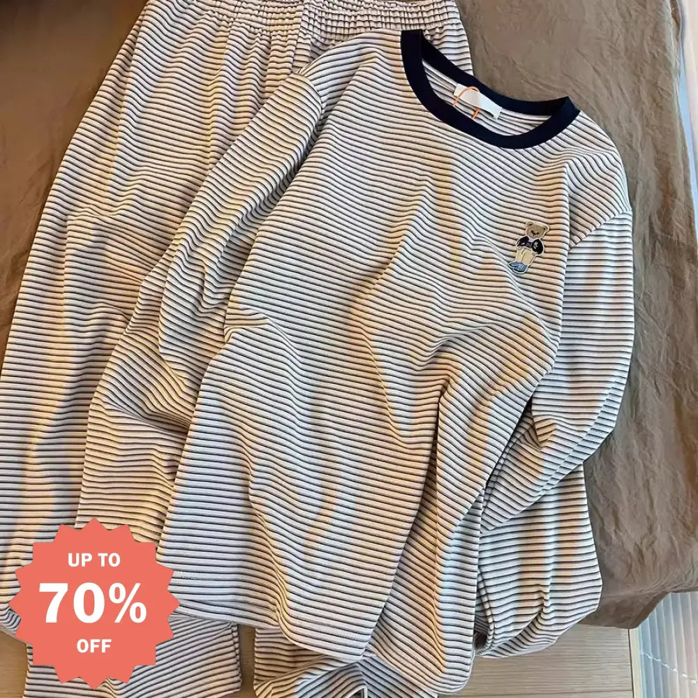 ストライプ 小熊 プリント ゆったり パジャマ 女性 新作 部屋着 女の子 大人 かわいい おしゃれ 長袖 リラックス ルームウェア ID4356 写真通り / S レディース＞セットアップ