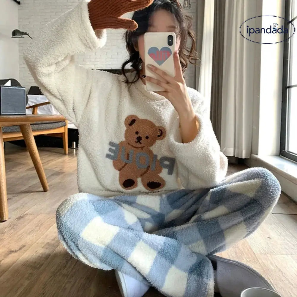 スウィート パジャマ ふわもこ レディース くま柄 ナイトウェア 暖か 配色 ギフト プレゼント 部屋着 丸洗いOK レディース＞セットアップ