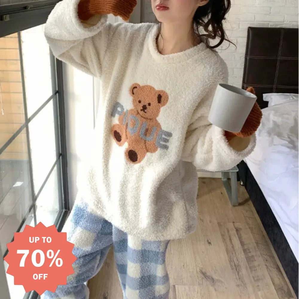 スウィート パジャマ ふわもこ レディース くま柄 ナイトウェア 暖か 配色 ギフト プレゼント 部屋着 丸洗いOK レディース＞セットアップ