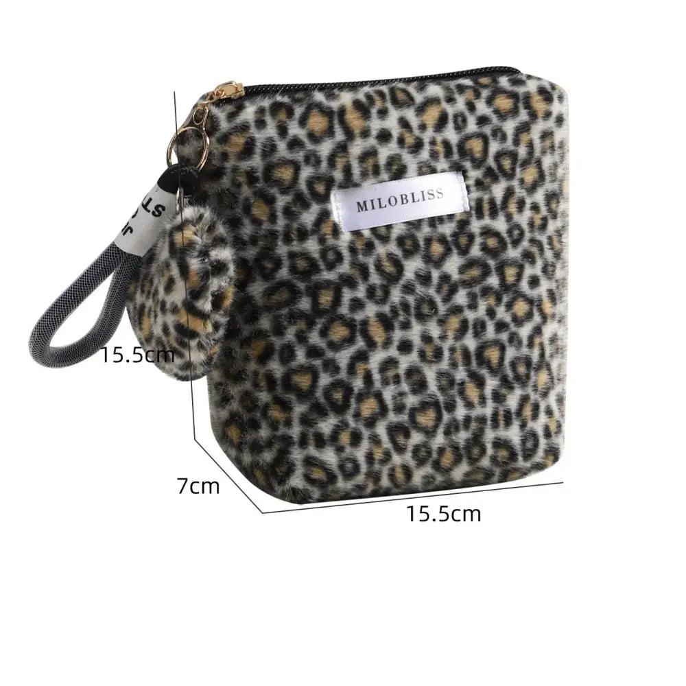 スウィートクール ヒョウ柄 メイクポーチ フリース 多機能 携帯用 秋冬 外出用 洗面用具収納バッグ ID3334 ブラック / タイプ②
