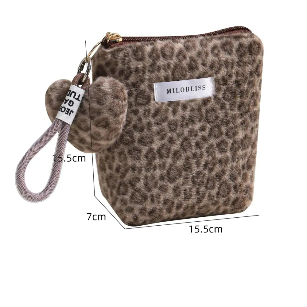 スウィートクール ヒョウ柄 メイクポーチ フリース 多機能 携帯用 秋冬 外出用 洗面用具収納バッグ ID3334 ブラウン / タイプ②