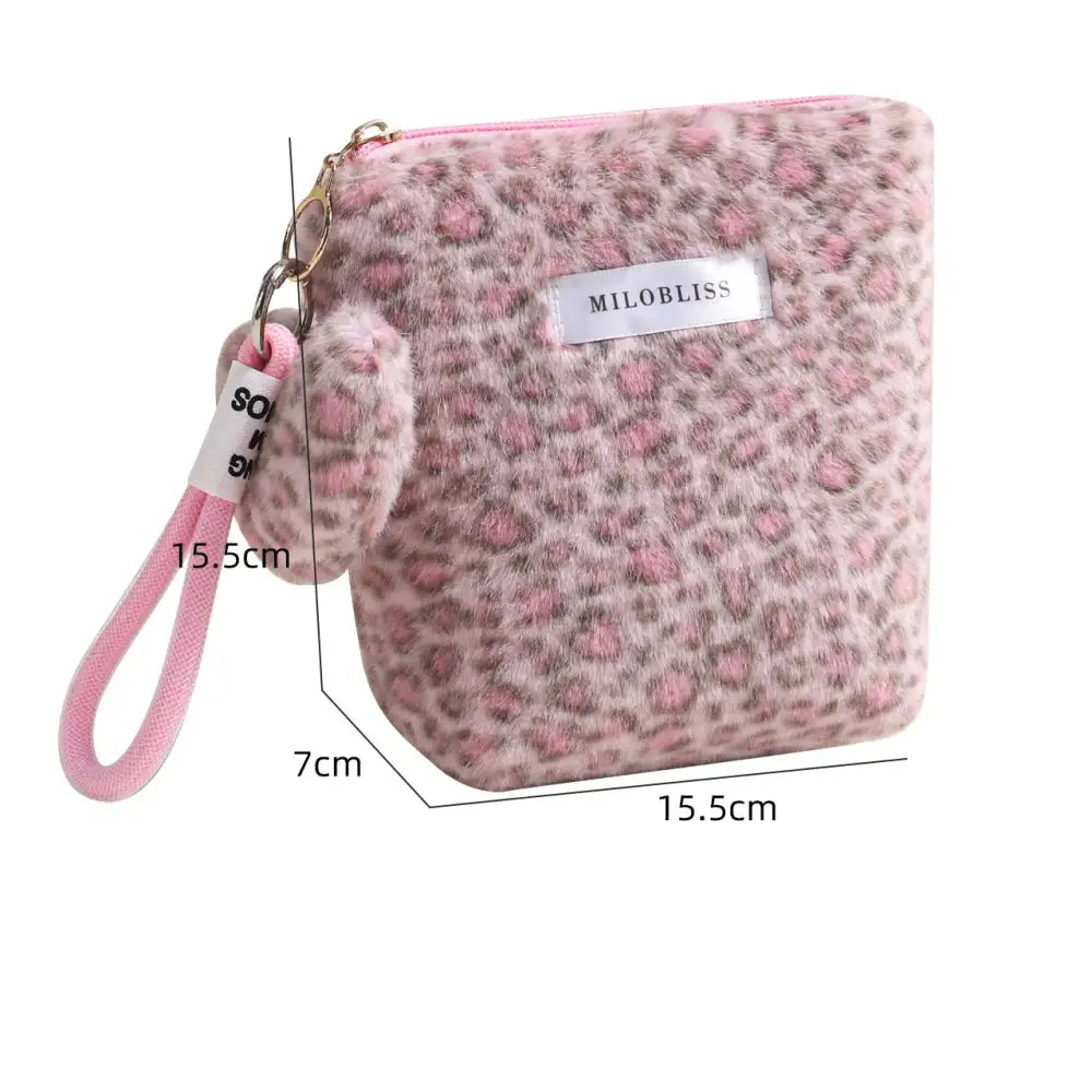 スウィートクール ヒョウ柄 メイクポーチ フリース 多機能 携帯用 秋冬 外出用 洗面用具収納バッグ ID3334 ピンク / タイプ②