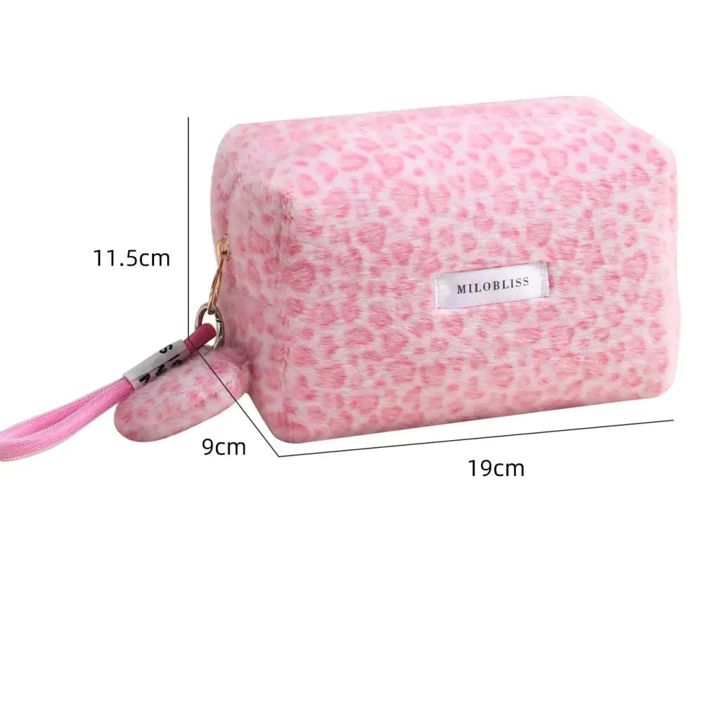 スウィートクール ヒョウ柄 メイクポーチ フリース 多機能 携帯用 秋冬 外出用 洗面用具収納バッグ ID3334 ライトピンク / タイプ①