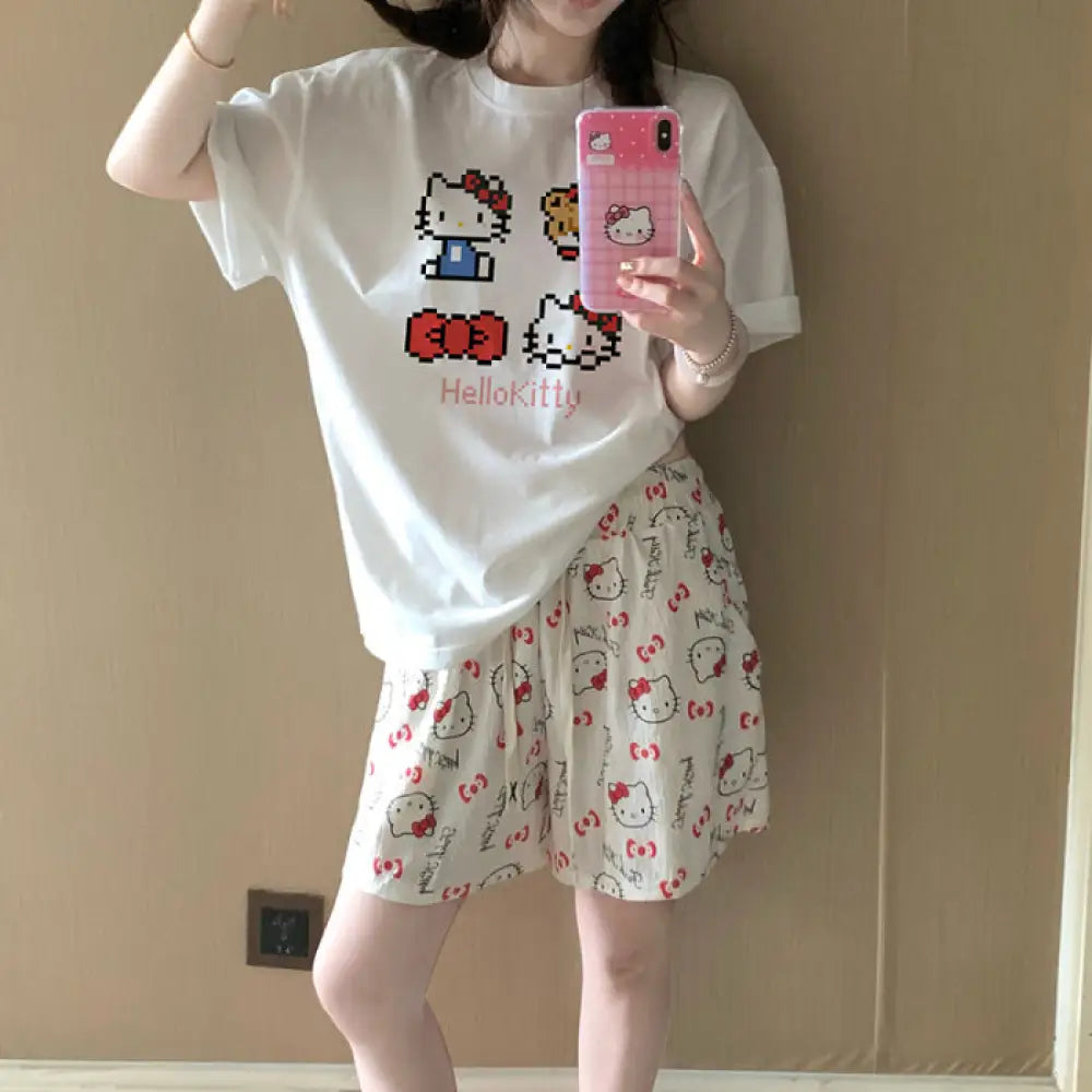 ID766 パジャマ レディース 夏 新作 半袖 長ズボン 綿 セット カートゥーン スイート ハローキティ ルーズ ホームウェア 半袖＋半ズボン 2点セット / M レディース＞セットアップ