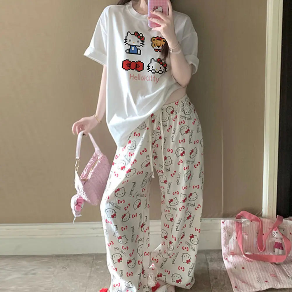 ID766 パジャマ レディース 夏 新作 半袖 長ズボン 綿 セット カートゥーン スイート ハローキティ ルーズ ホームウェア 半袖＋長ズボン 2点セット / M レディース＞セットアップ