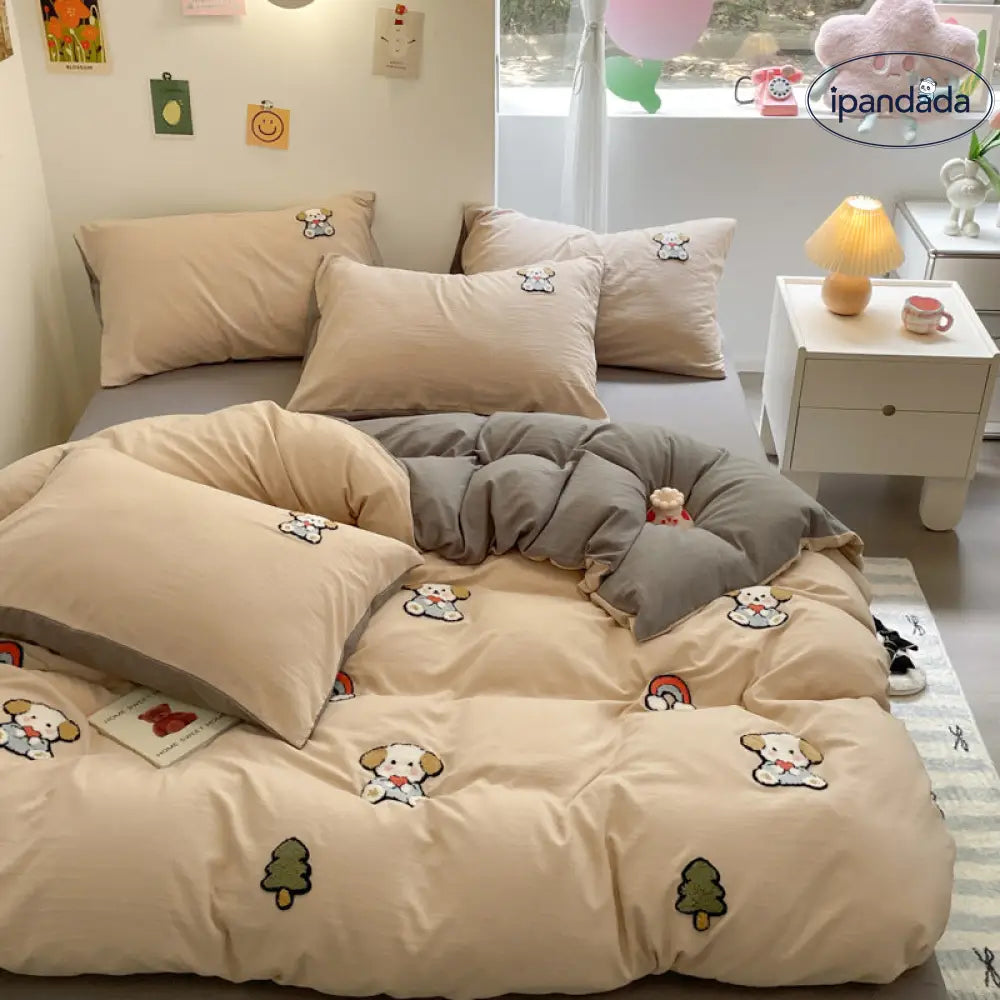 タオル刺繍付き 水洗い綿 ベッドシーツセット 4点/3点セット カートゥーン柄 安心  洗濯縮みなし 通気性抜群 ID1914