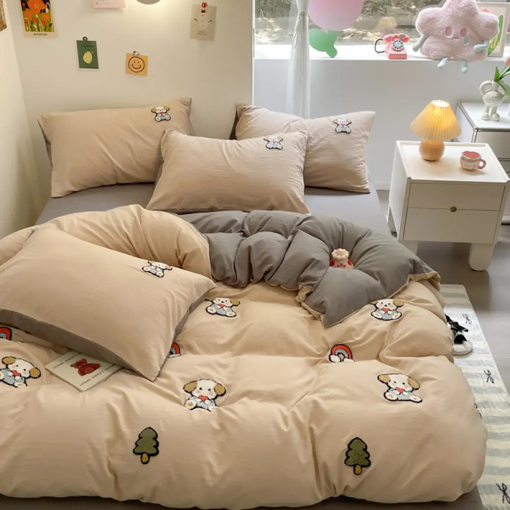 タオル刺繍付き 水洗い綿 ベッドシーツセット 4点/3点セット カートゥーン柄 安心 洗濯縮みなし 通気性抜群 ID1914 タイプ⑥ / フリー 寝具>寝具セット