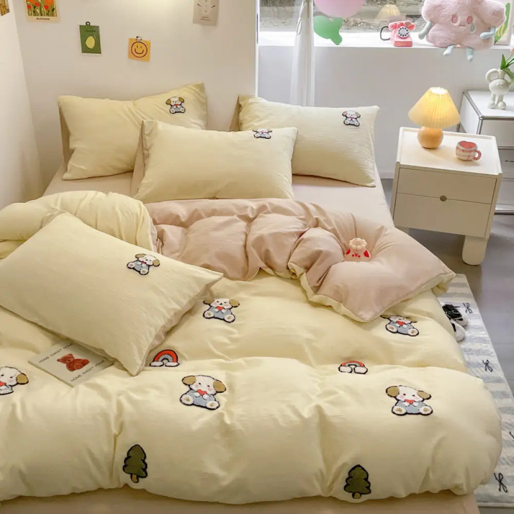 タオル刺繍付き 水洗い綿 ベッドシーツセット 4点/3点セット カートゥーン柄 安心 洗濯縮みなし 通気性抜群 ID1914 タイプ④ / フリー 寝具>寝具セット