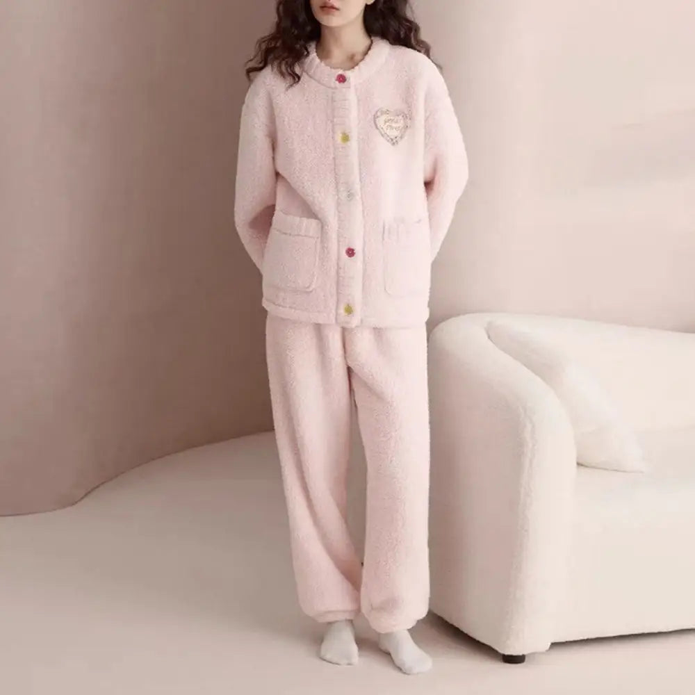 2点セット パジャマ レディース ふわもこ ルームウェア 可愛い 冬用 プレゼント クリスマスギフト クリスマスプレゼント 人気 ハート刺繍 ID3460 ピンク / M レディース＞セットアップ