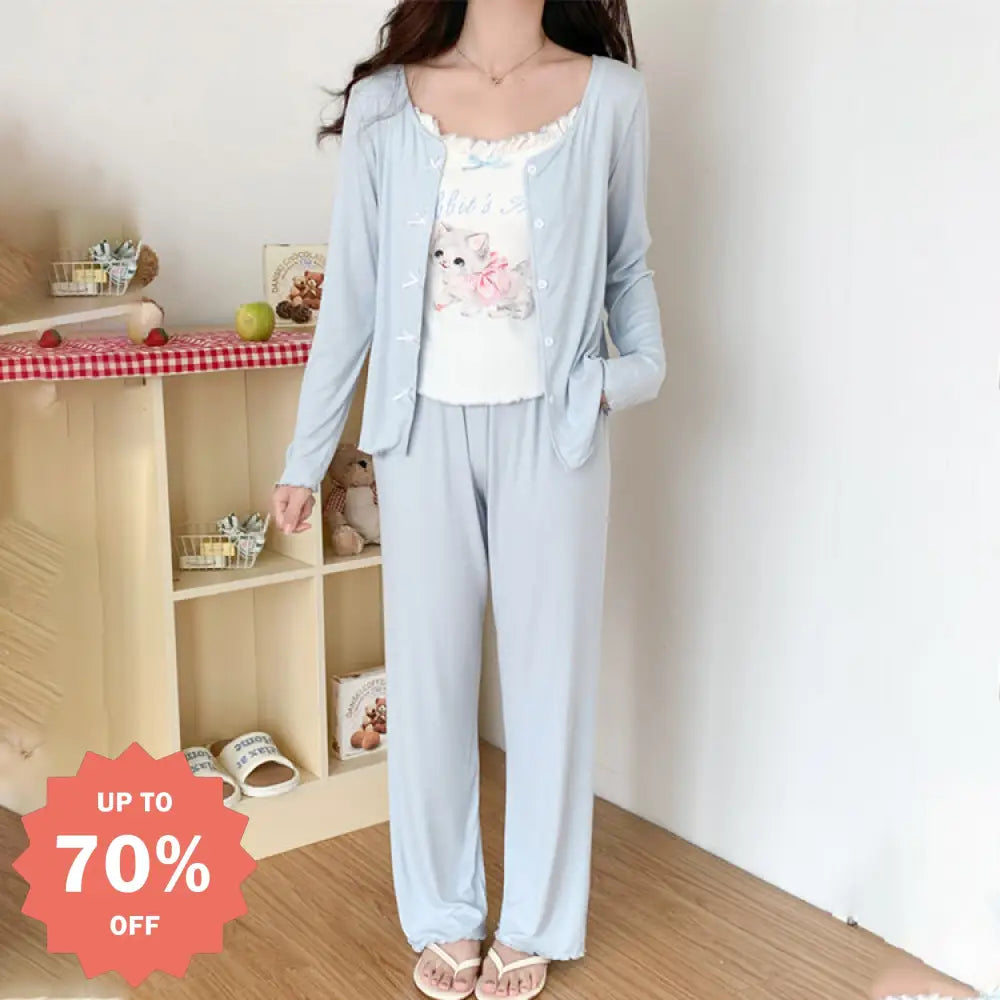 ルームウェア セット3点セット 春夏 レディース 部屋着 カップ付き パジャマ 薄手 ゆったり 可愛い ねこ 部屋着 ナイトウェア 寝巻き レディース＞セットアップ