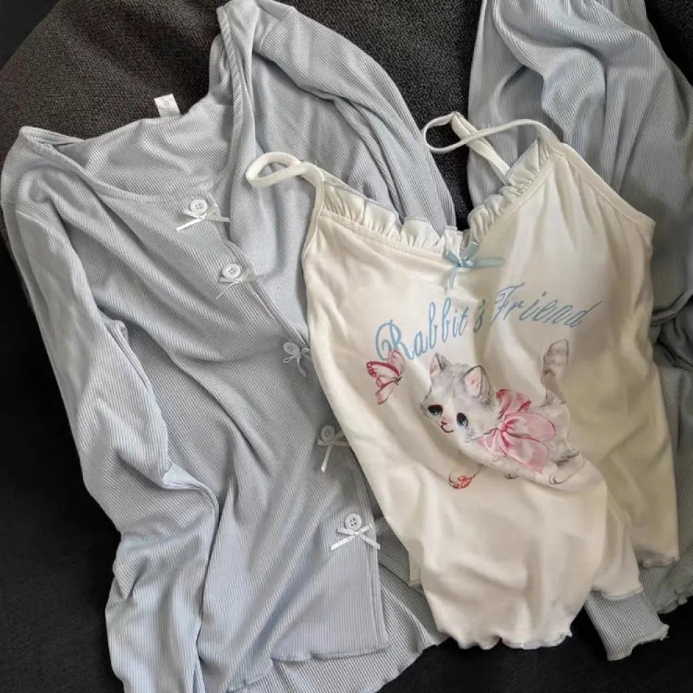 ルームウェア セット3点セット 春夏 レディース 部屋着 カップ付き パジャマ 薄手 ゆったり 可愛い ねこ 部屋着 ナイトウェア 寝巻き 写真通り（3点セット） / M レディース＞セットアップ