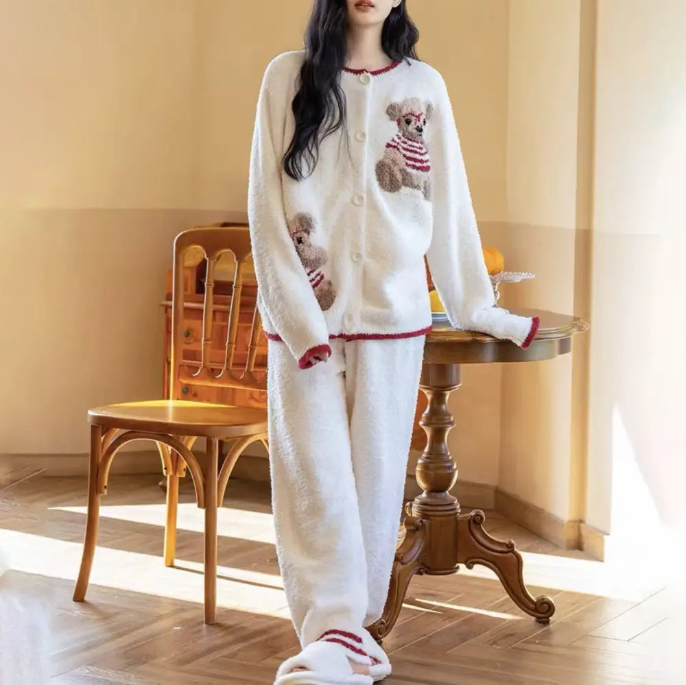 テディベア カートゥーン フリース パジャマ 保温 冬 新作 かわいい スイート 長袖 ルームウェア ID3644 写真通り / フリー